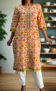 Off White/Orange Abstract Jaipuri Cotton Kurti. Pure Versatile Cotton. | Laces and Frills