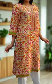 Off White/Orange Abstract Jaipuri Cotton Kurti. Pure Versatile Cotton. | Laces and Frills