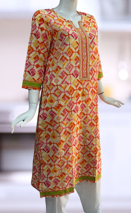 Off White/Orange Abstract Jaipuri Cotton Kurti. Pure Versatile Cotton. | Laces and Frills - Laces and Frills