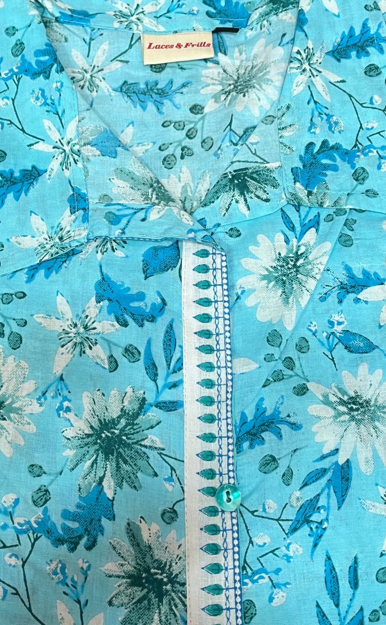 Sky Blue Garden Jaipuri Cotton Kurti. Pure Versatile Cotton. | Laces and Frills - Laces and Frills