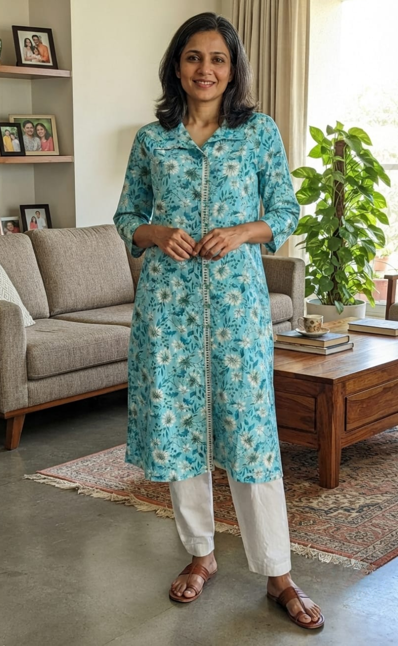 Sky Blue Garden Jaipuri Cotton Kurti. Pure Versatile Cotton. | Laces and Frills