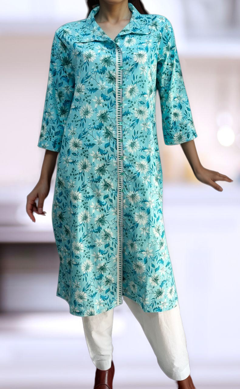Sky Blue Garden Jaipuri Cotton Kurti. Pure Versatile Cotton. | Laces and Frills - Laces and Frills