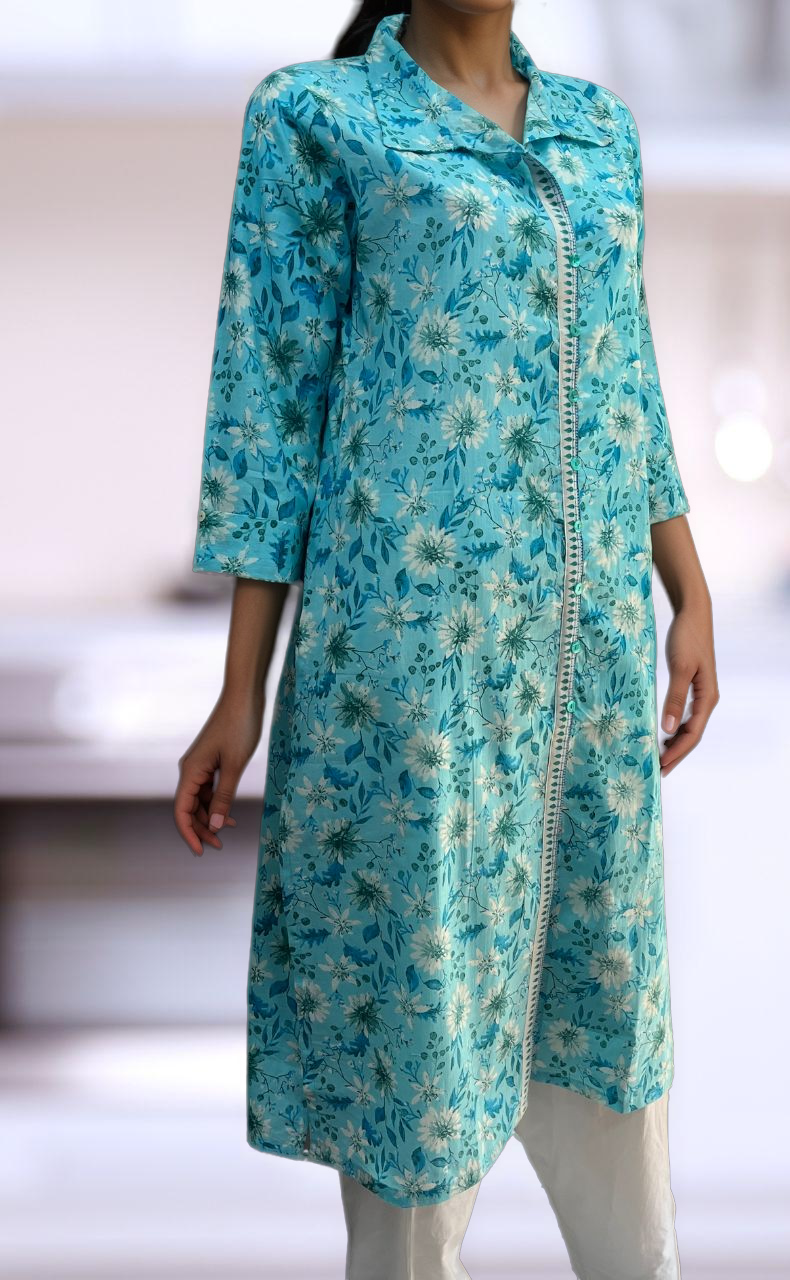 Sky Blue Garden Jaipuri Cotton Kurti. Pure Versatile Cotton. | Laces and Frills - Laces and Frills