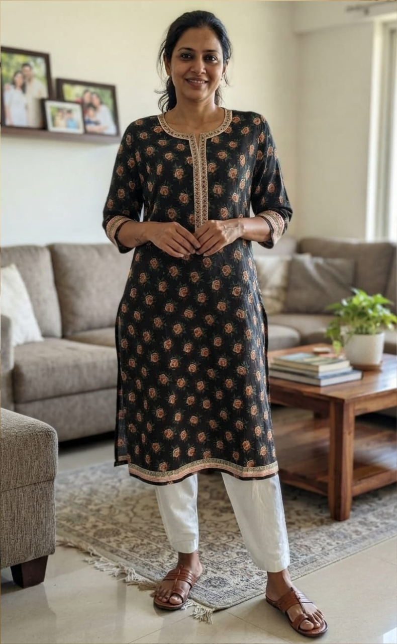 Black Floral Jaipuri Cotton Kurti. Pure Versatile Cotton. | Laces and Frills