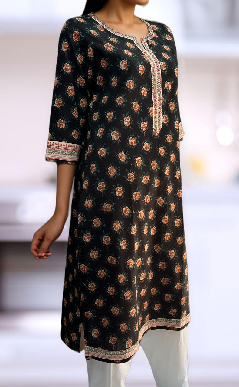 Black Floral Jaipuri Cotton Kurti. Pure Versatile Cotton. | Laces and Frills - Laces and Frills