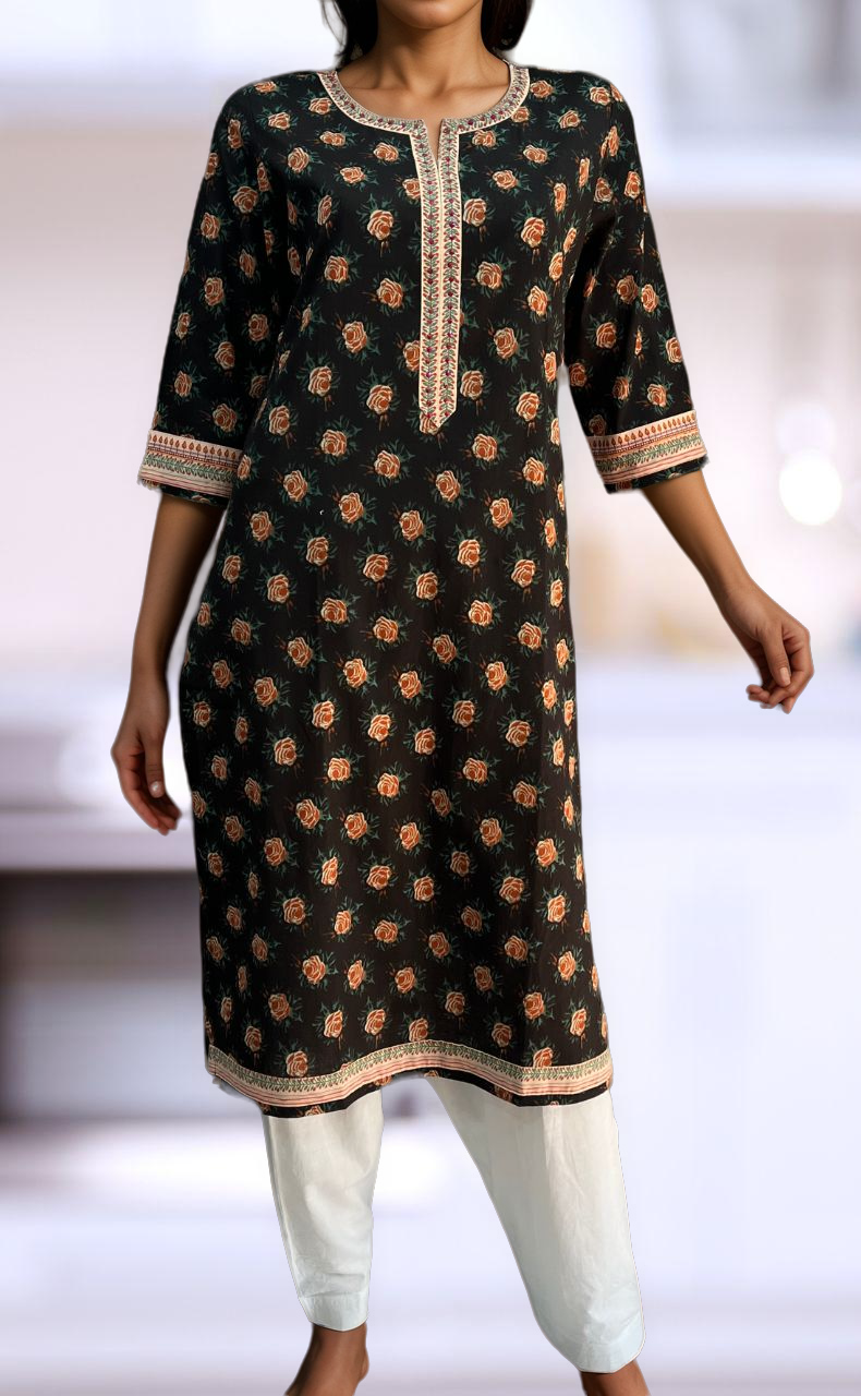 Black Floral Jaipuri Cotton Kurti. Pure Versatile Cotton. | Laces and Frills - Laces and Frills