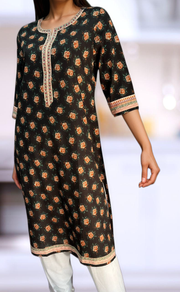 Black Floral Jaipuri Cotton Kurti. Pure Versatile Cotton. | Laces and Frills - Laces and Frills