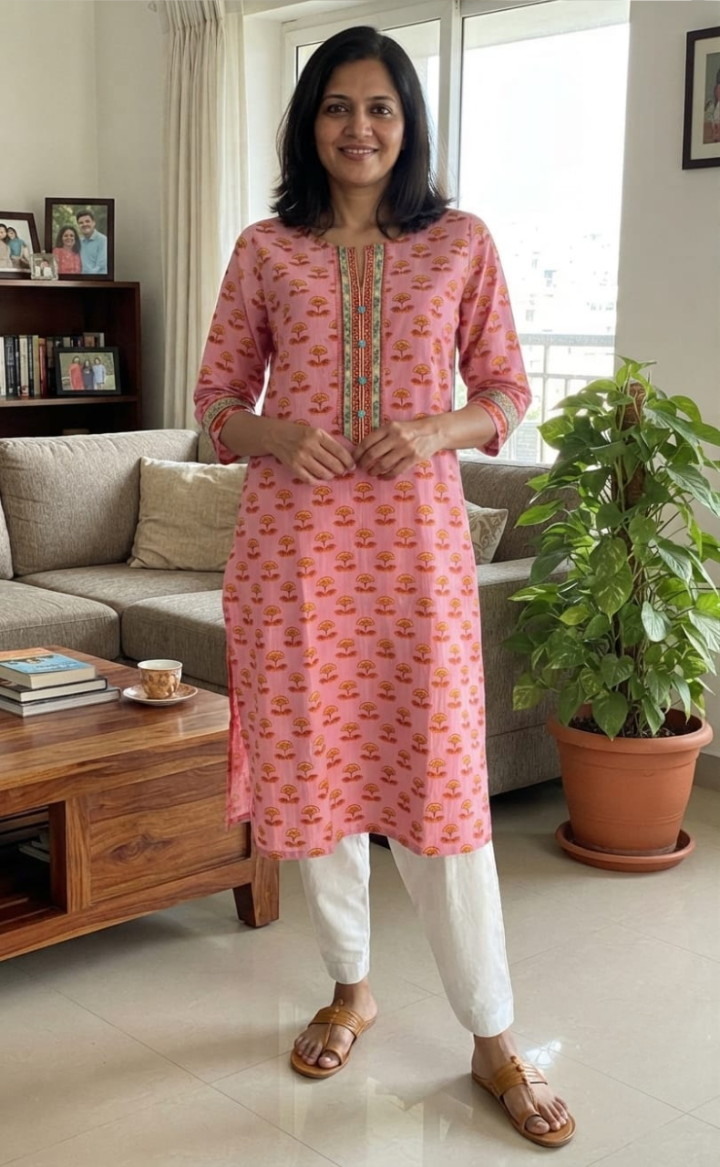 Pink/Yellow Floral Jaipuri Cotton Kurti. Pure Versatile Cotton. | Laces and Frills