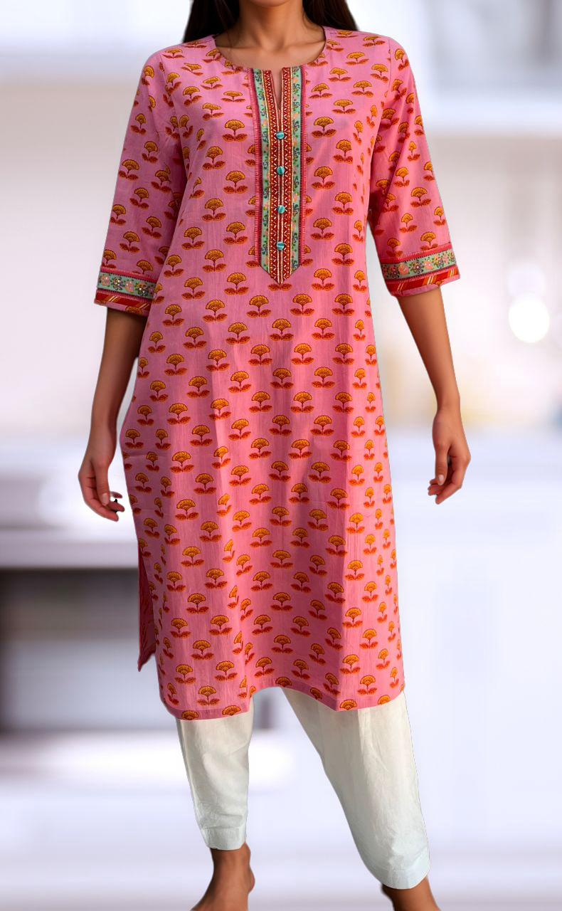 Pink/Yellow Floral Jaipuri Cotton Kurti. Pure Versatile Cotton. | Laces and Frills - Laces and Frills