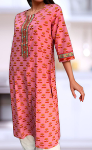 Pink/Yellow Floral Jaipuri Cotton Kurti. Pure Versatile Cotton. | Laces and Frills - Laces and Frills