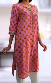 Pink/Yellow Floral Jaipuri Cotton Kurti. Pure Versatile Cotton. | Laces and Frills - Laces and Frills