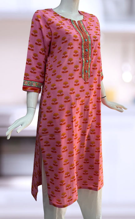 Pink/Yellow Floral Jaipuri Cotton Kurti. Pure Versatile Cotton. | Laces and Frills - Laces and Frills