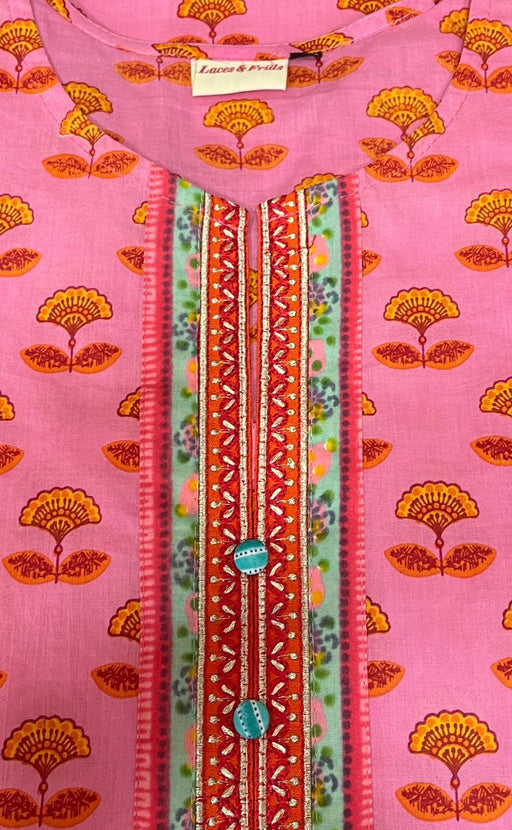 Pink/Yellow Floral Jaipuri Cotton Kurti. Pure Versatile Cotton. | Laces and Frills - Laces and Frills