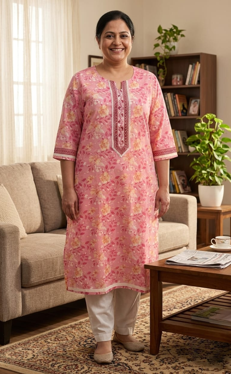 Baby Pink Garden Jaipuri Cotton Kurti. Pure Versatile Cotton. | Laces and Frills