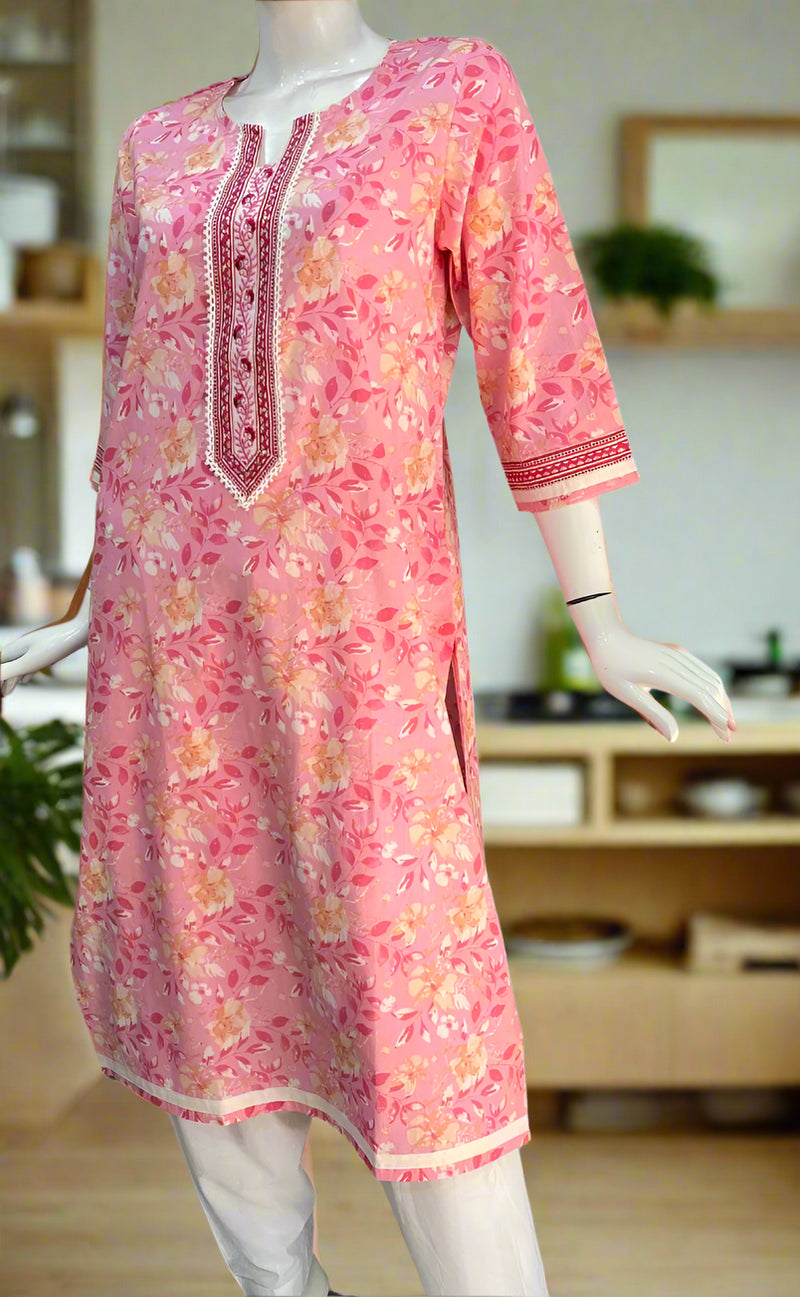 Baby Pink Garden Jaipuri Cotton Kurti. Pure Versatile Cotton. | Laces and Frills - Laces and Frills