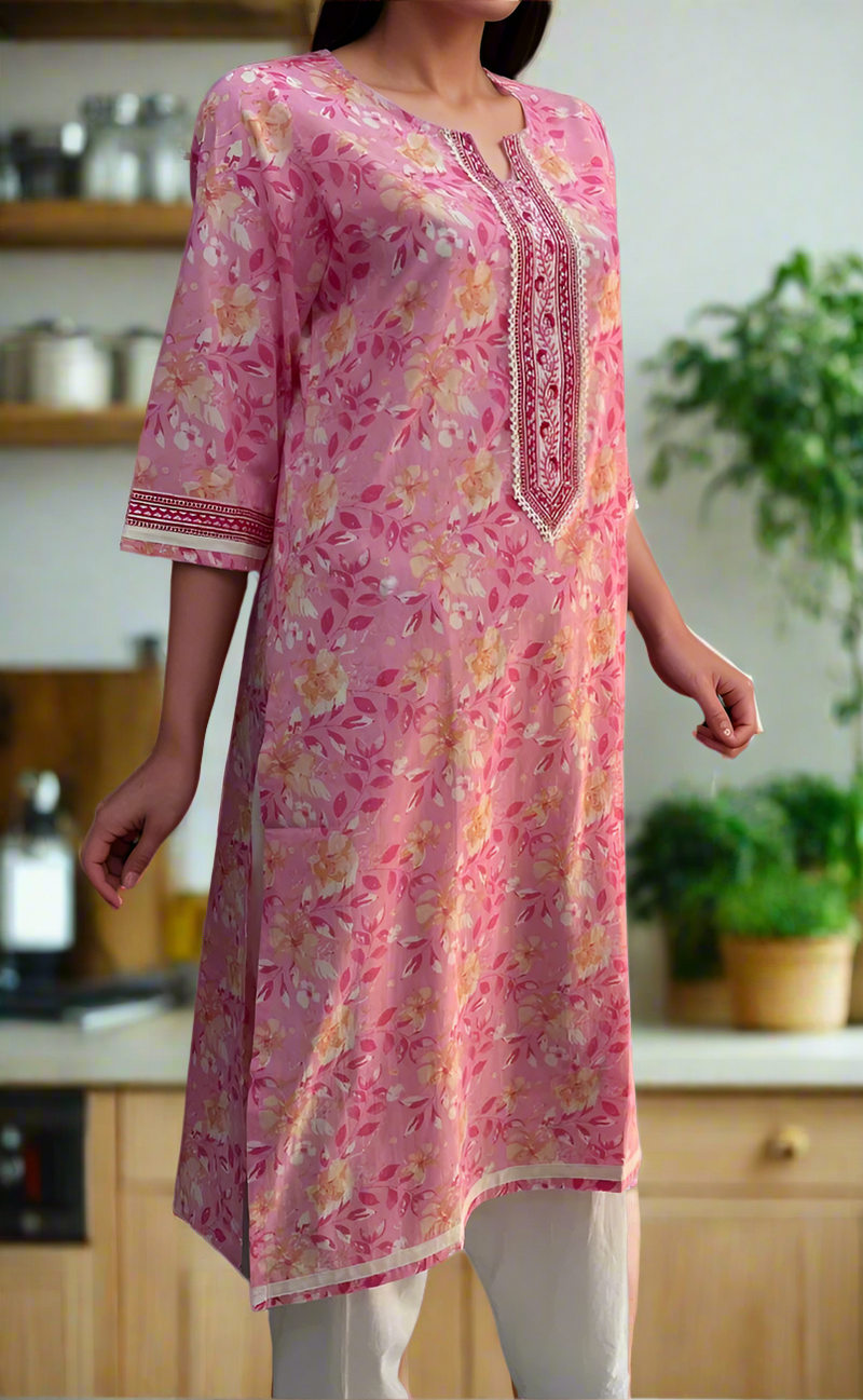 Baby Pink Garden Jaipuri Cotton Kurti. Pure Versatile Cotton. | Laces and Frills