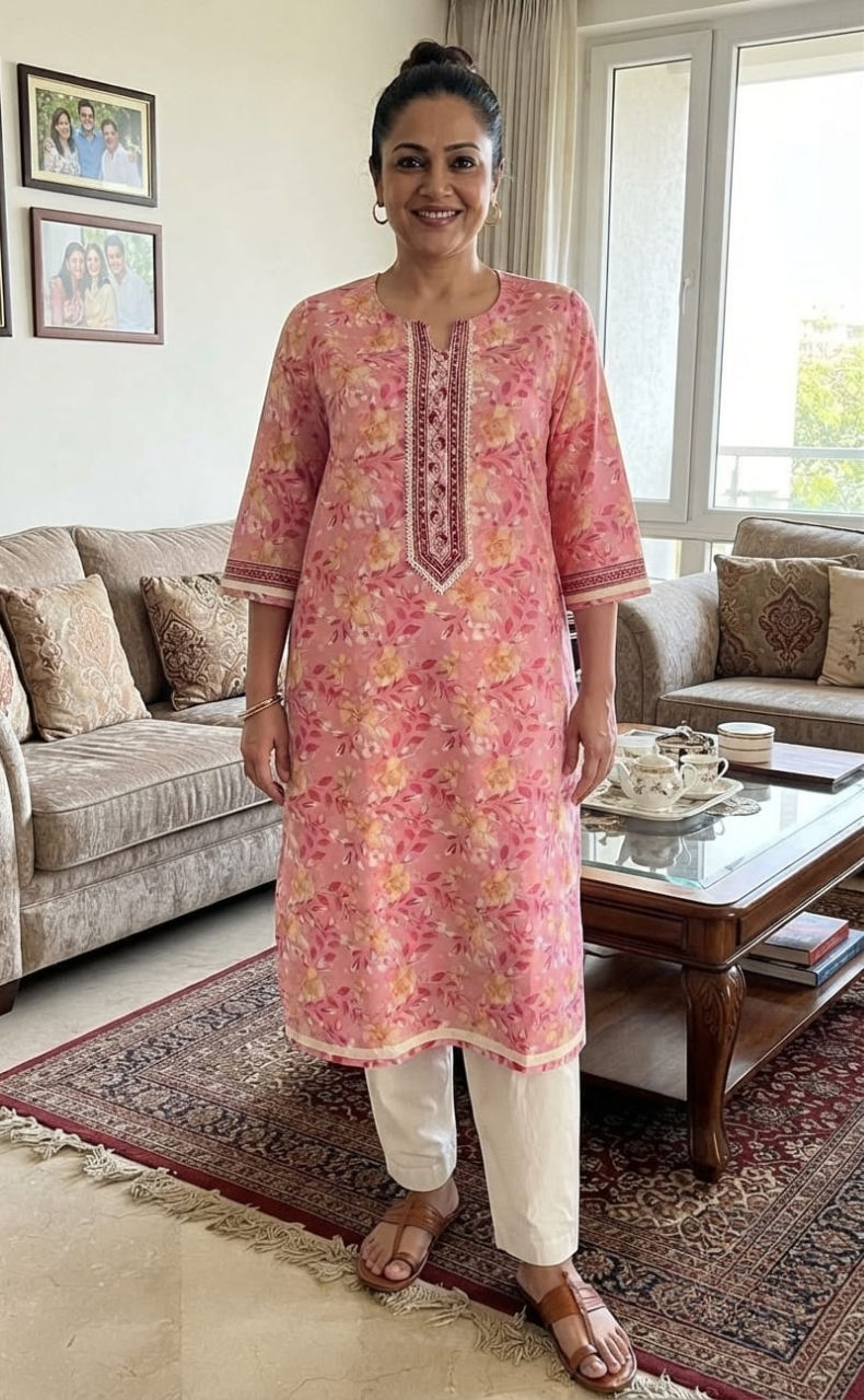 Baby Pink Garden Jaipuri Cotton Kurti. Pure Versatile Cotton. | Laces and Frills