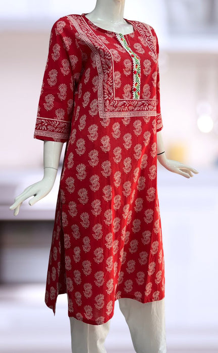 Red Floral Jaipuri Cotton Kurti. Pure Versatile Cotton. | Laces and Frills - Laces and Frills