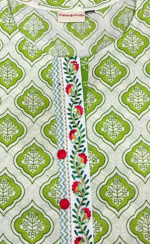 White/Green Floral Jaipuri Cotton Kurti. Pure Versatile Cotton. | Laces and Frills - Laces and Frills