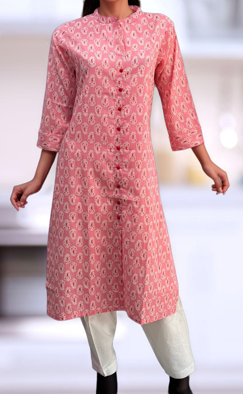 Pink Tiny Flora Jaipuri Cotton Kurti. Pure Versatile Cotton. | Laces and Frills - Laces and Frills