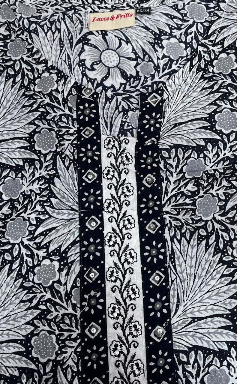 Black Garden Jaipuri Cotton Kurti. Pure Versatile Cotton. | Laces and Frills - Laces and Frills