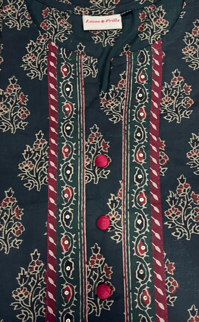 Bottle Green Garden Jaipuri Cotton Kurti. Pure Versatile Cotton. | Laces and Frills - Laces and Frills