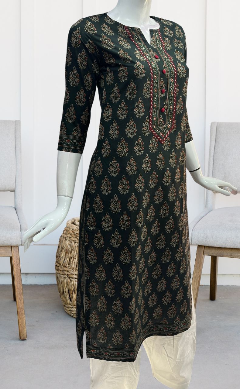 Bottle Green Garden Jaipuri Cotton Kurti. Pure Versatile Cotton. | Laces and Frills - Laces and Frills