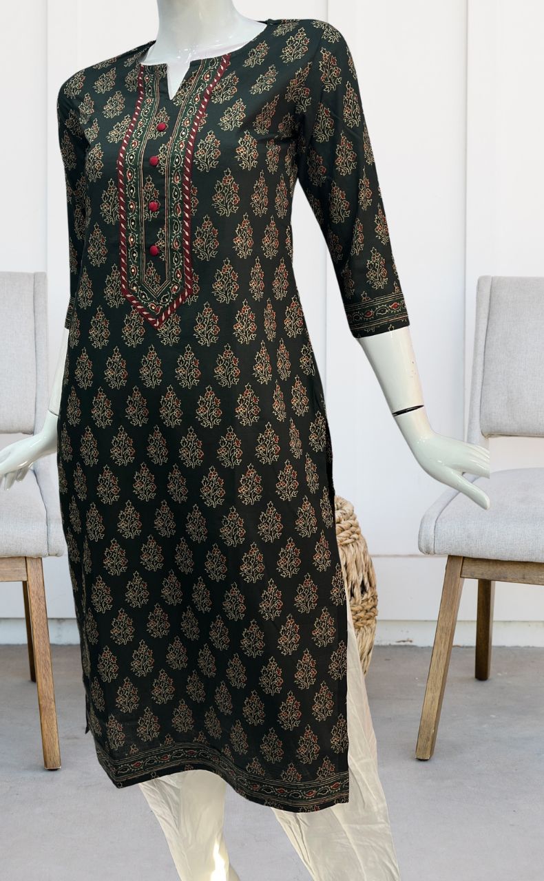 Bottle Green Garden Jaipuri Cotton Kurti. Pure Versatile Cotton. | Laces and Frills - Laces and Frills