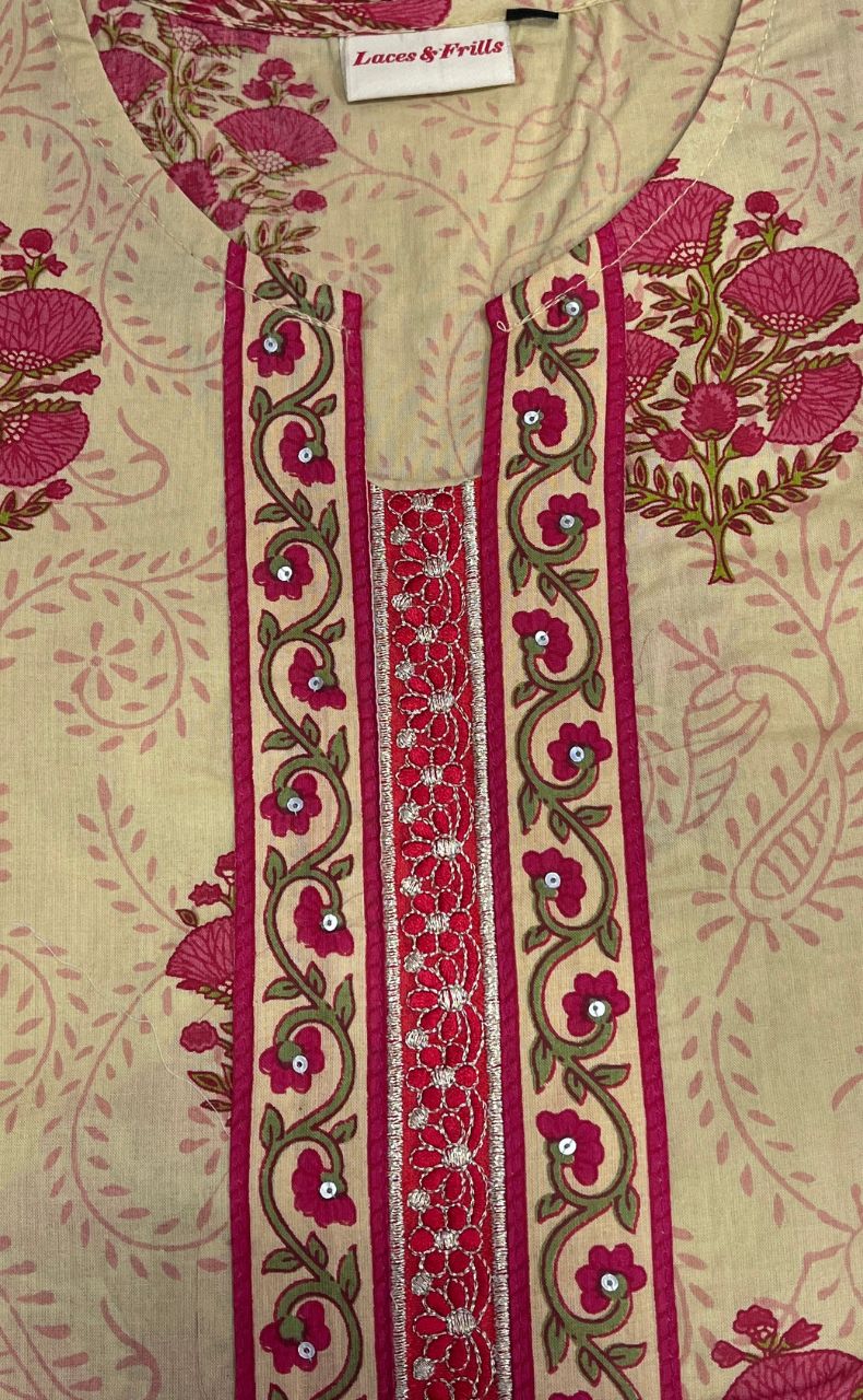 Beige/Pink Garden Jaipuri Cotton Kurti. Pure Versatile Cotton. | Laces and Frills - Laces and Frills