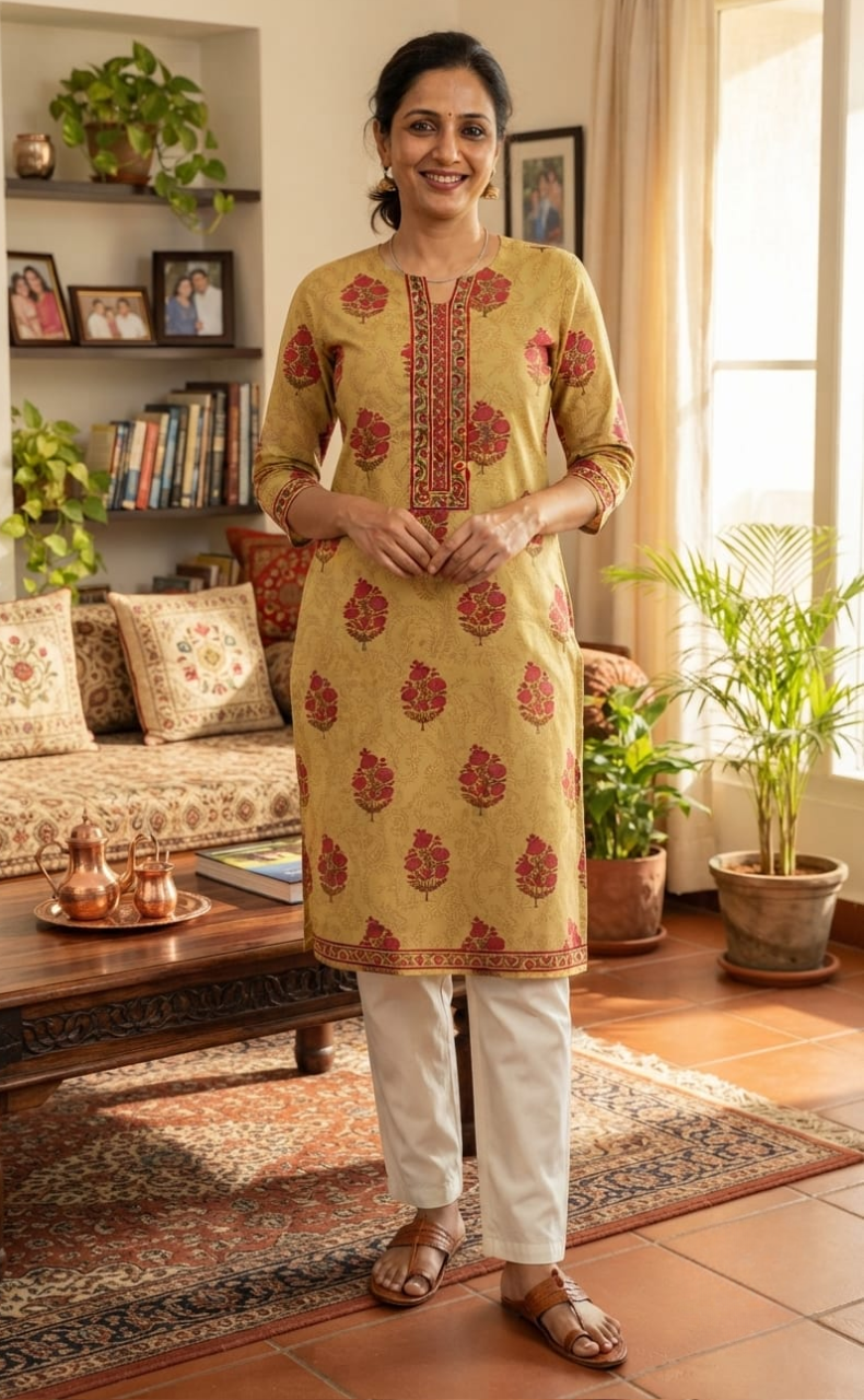 Beige/Pink Garden Jaipuri Cotton Kurti. Pure Versatile Cotton. | Laces and Frills