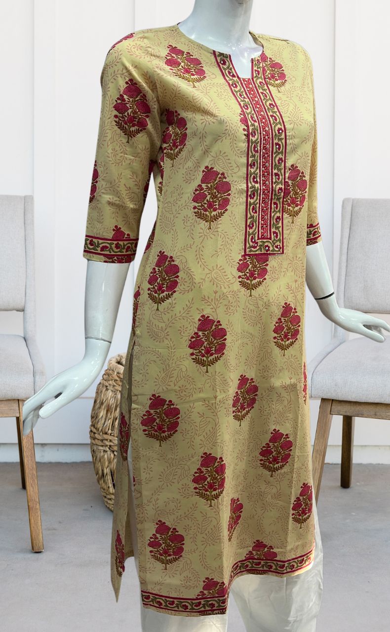 Beige/Pink Garden Jaipuri Cotton Kurti. Pure Versatile Cotton. | Laces and Frills - Laces and Frills