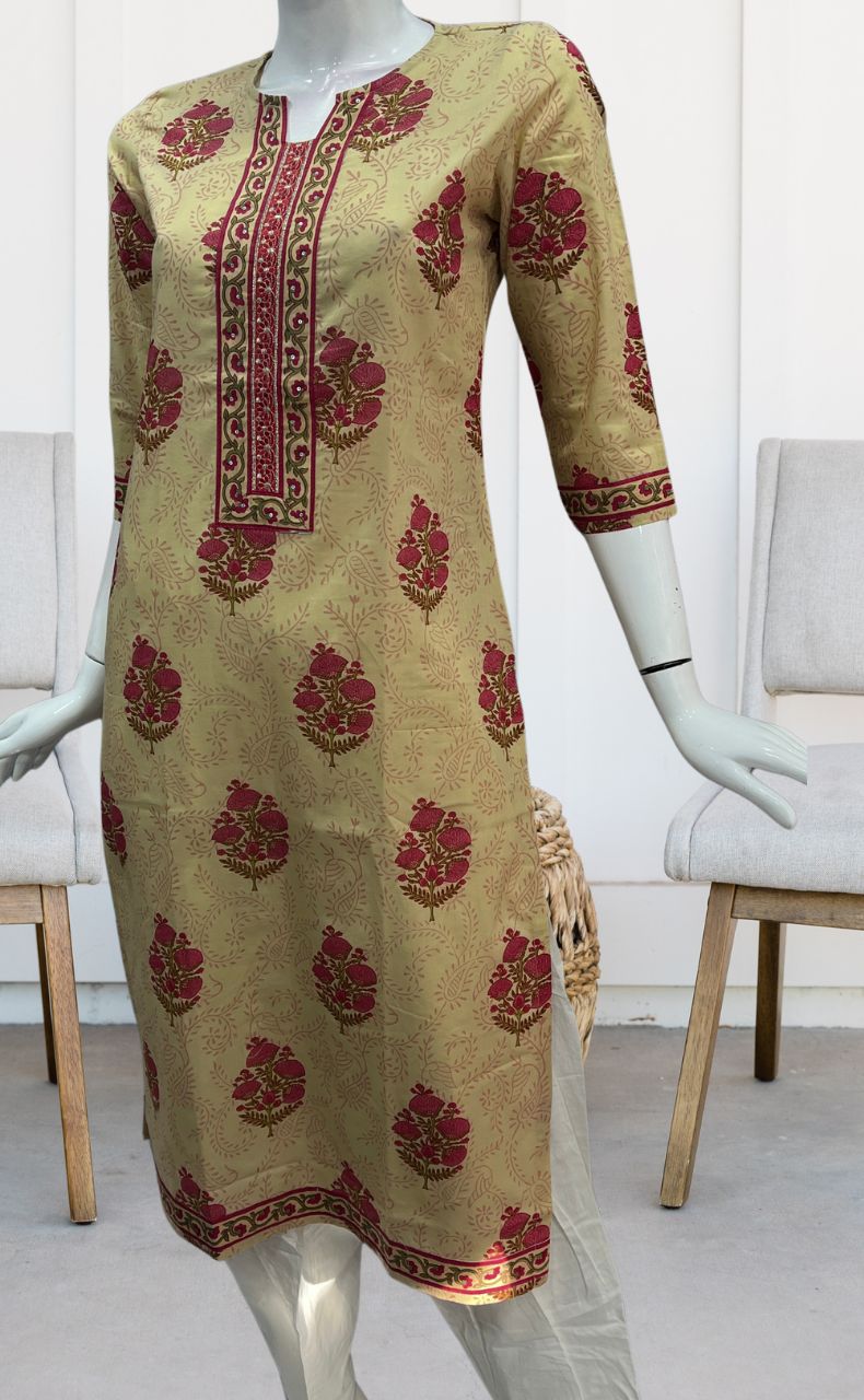 Beige/Pink Garden Jaipuri Cotton Kurti. Pure Versatile Cotton. | Laces and Frills - Laces and Frills