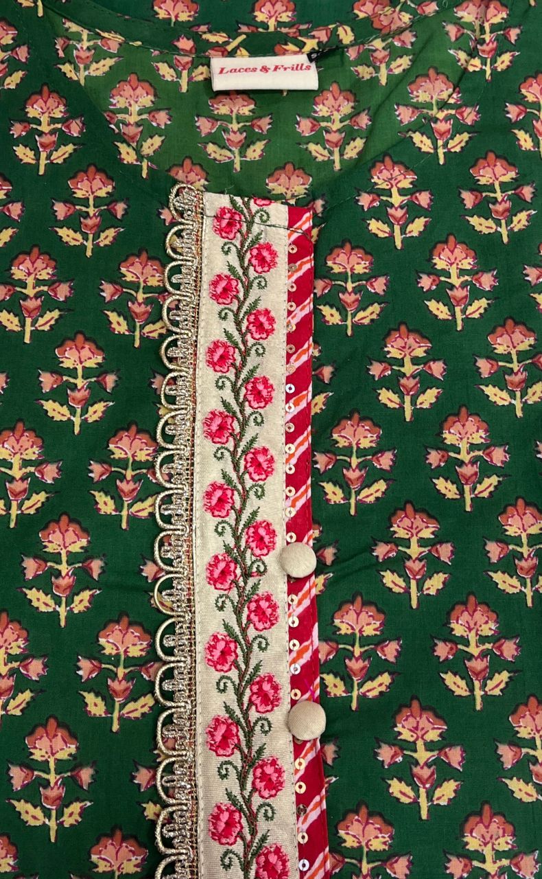 Green Floral Jaipuri Cotton Kurti. Pure Versatile Cotton. | Laces and Frills - Laces and Frills