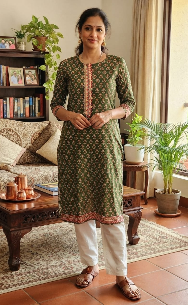 Green Floral Jaipuri Cotton Kurti. Pure Versatile Cotton. | Laces and Frills
