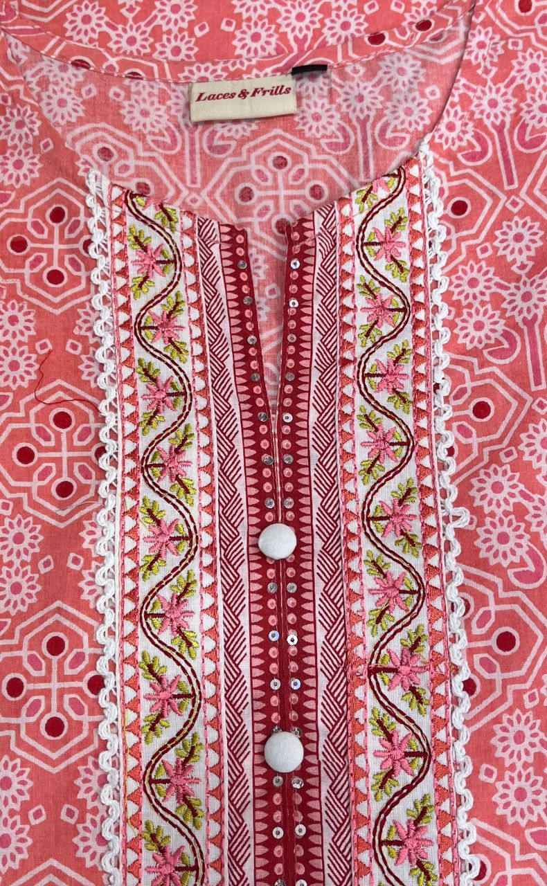 Peach Abstract Jaipuri Cotton Kurti. Pure Versatile Cotton. | Laces and Frills - Laces and Frills