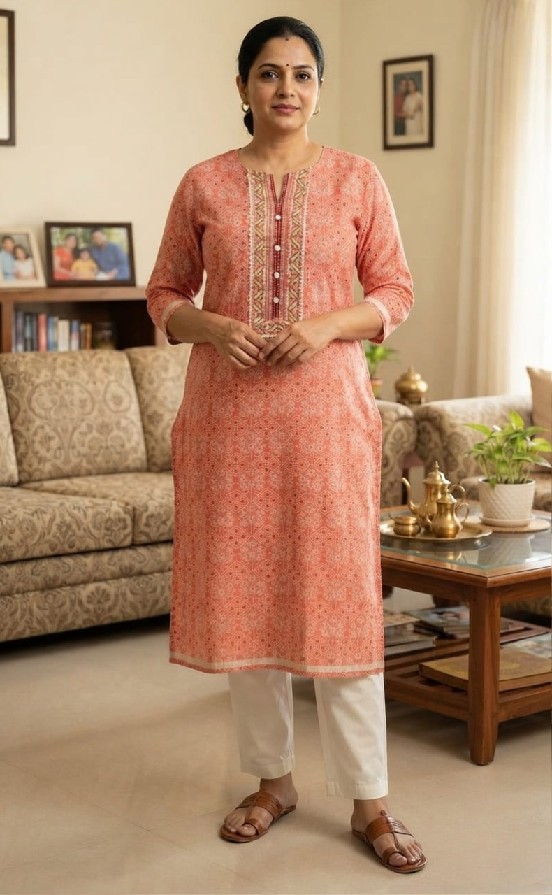 Peach Abstract Jaipuri Cotton Kurti. Pure Versatile Cotton. | Laces and Frills