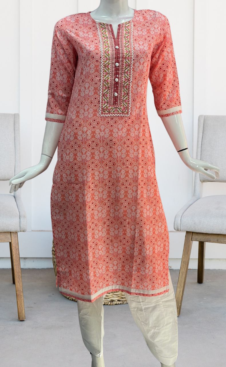 Peach Abstract Jaipuri Cotton Kurti. Pure Versatile Cotton. | Laces and Frills - Laces and Frills