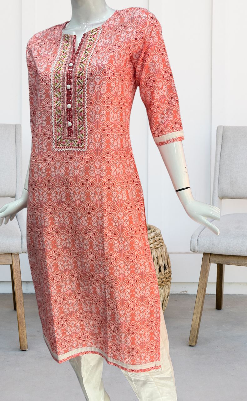 Peach Abstract Jaipuri Cotton Kurti. Pure Versatile Cotton. | Laces and Frills - Laces and Frills