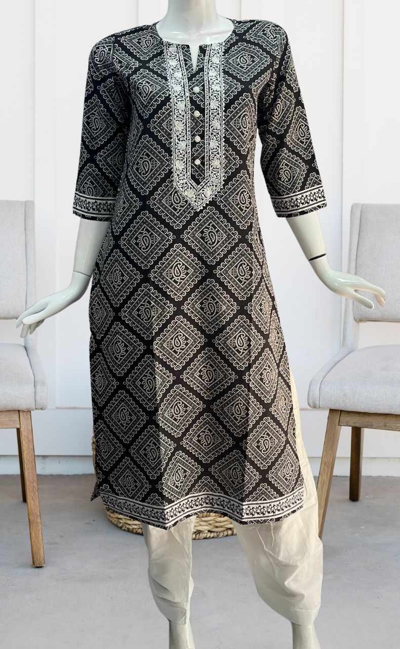 Black Abstract Jaipuri Cotton Kurti. Pure Versatile Cotton. | Laces and Frills - Laces and Frills