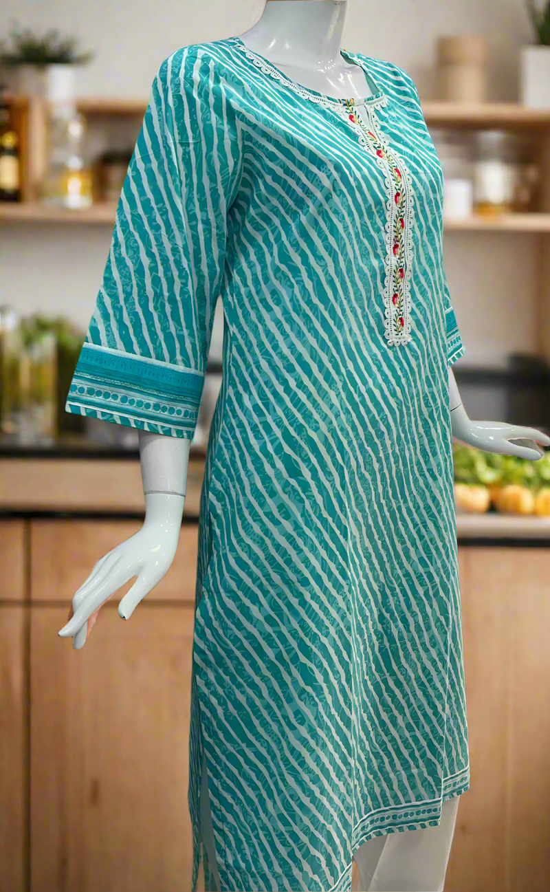 Turquoise Green Leheriya Print Cotton Kurti. Pure Versatile Cotton. | Laces and Frills