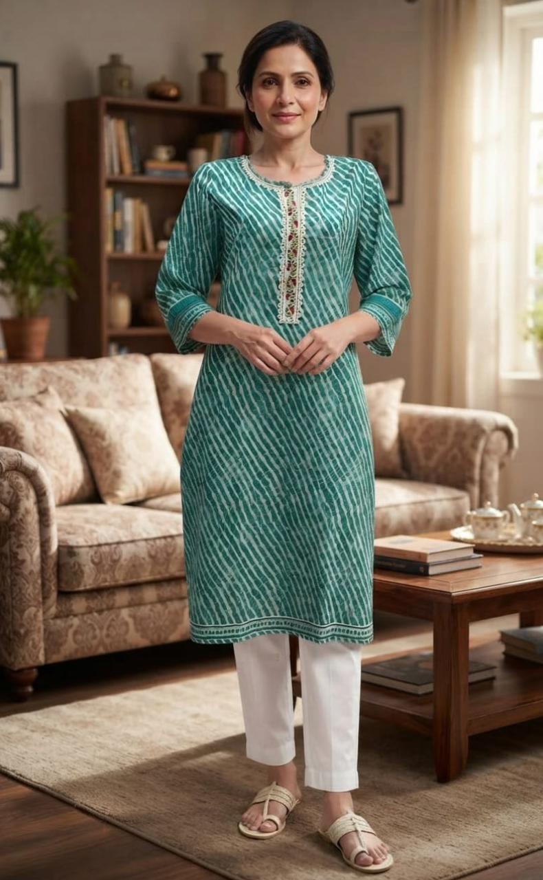 Turquoise Green Leheriya Print Cotton Kurti. Pure Versatile Cotton. | Laces and Frills