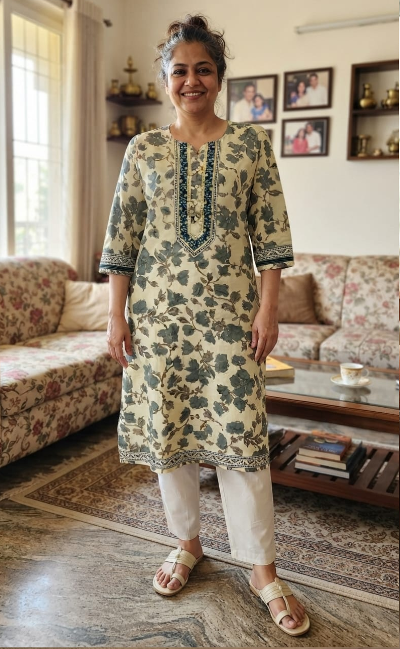 Grey/Blue Flora Cotton Kurti. Pure Versatile Cotton. | Laces and Frills