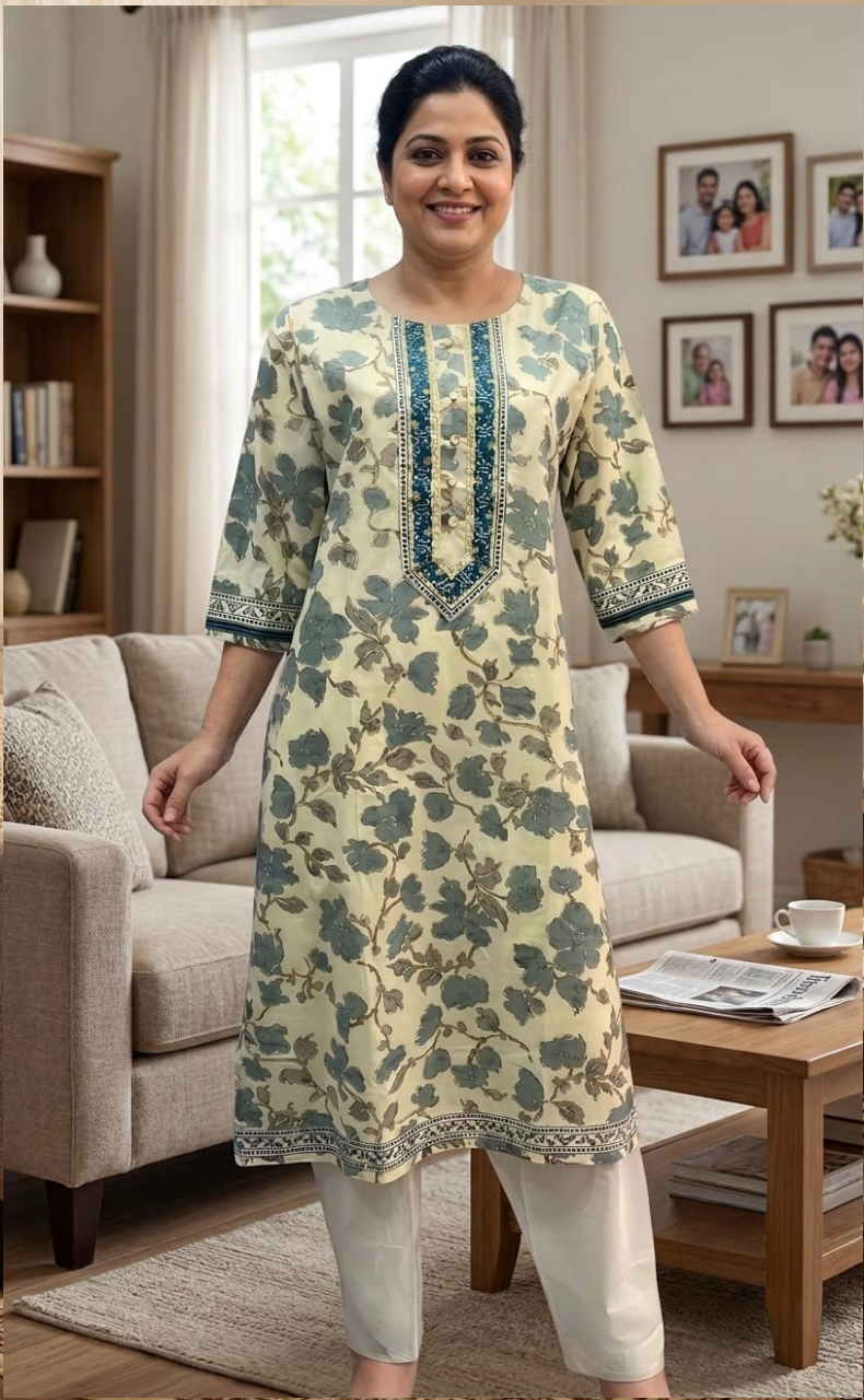 Grey/Blue Flora Cotton Kurti. Pure Versatile Cotton. | Laces and Frills