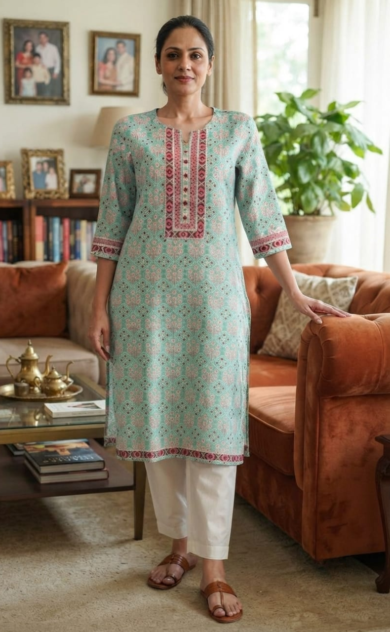 Sea Green Flora Cotton Kurti. Pure Versatile Cotton. | Laces and Frills