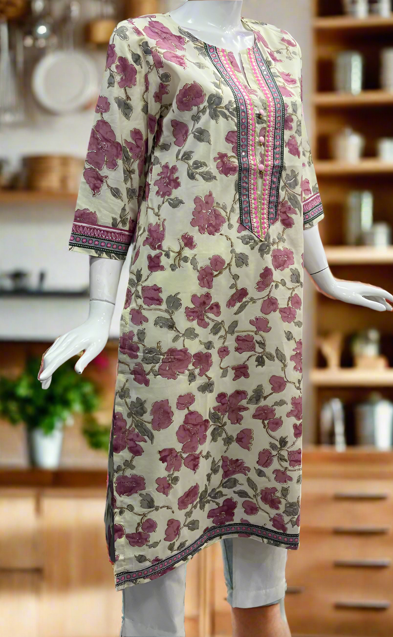 Off White/Pink Floral Cotton Kurti. Pure Versatile Cotton. | Laces and Frills