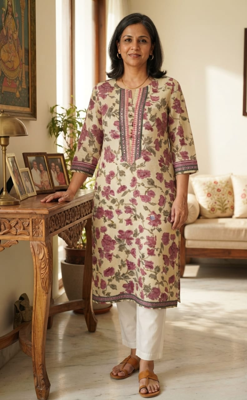 Off White/Pink Floral Cotton Kurti. Pure Versatile Cotton. | Laces and Frills