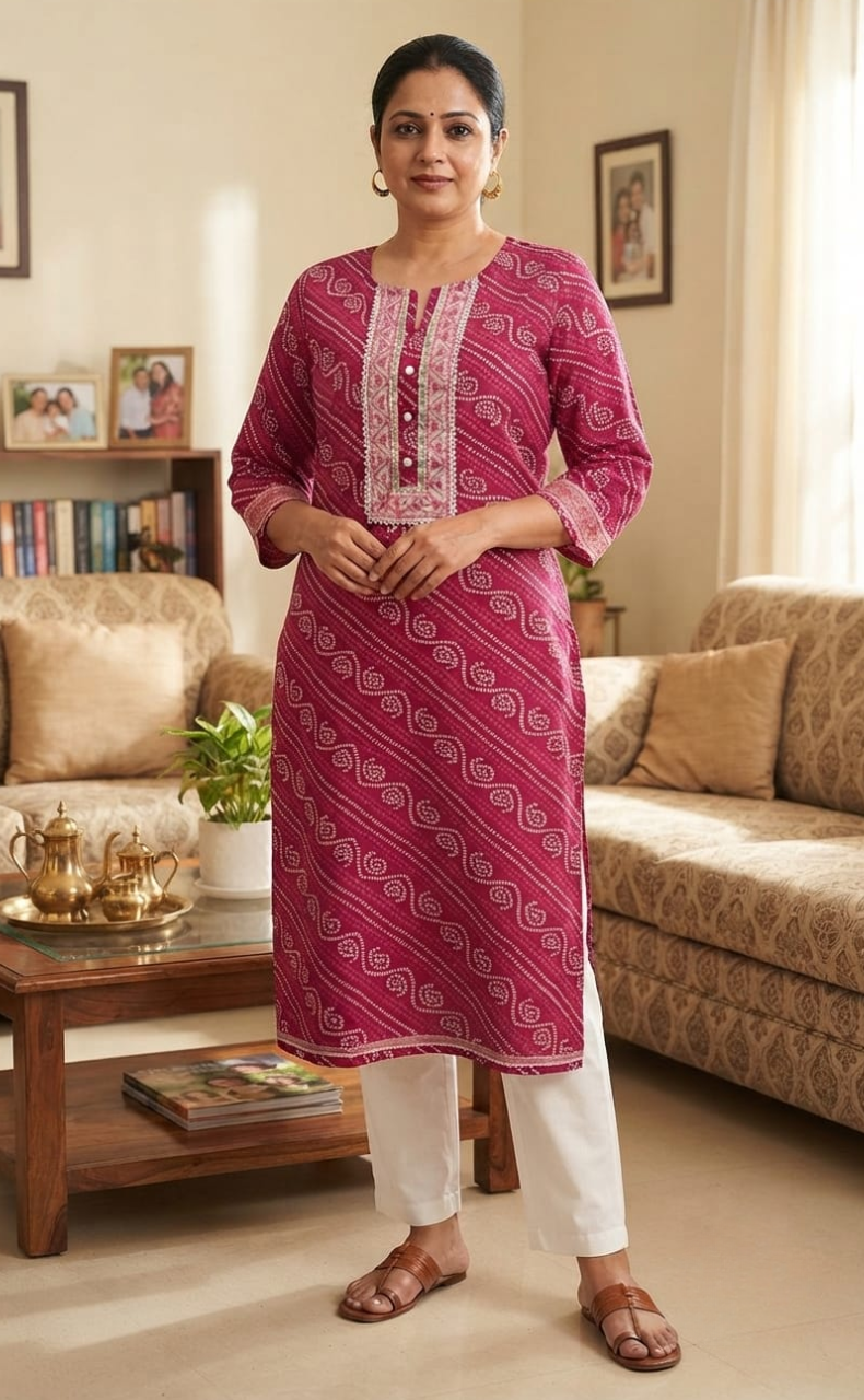 Rani Pink Bandini Cotton Kurti. Pure Versatile Cotton. | Laces and Frills