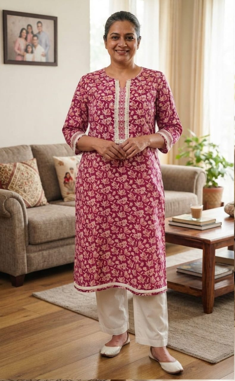Pink Floral Cotton Kurti. Pure Versatile Cotton. | Laces and Frills