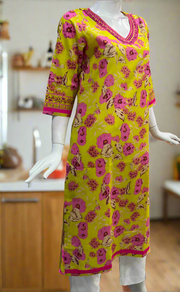 Yellow Flora Jaipuri Cotton Kurti. Pure Versatile Cotton. | Laces and Frills