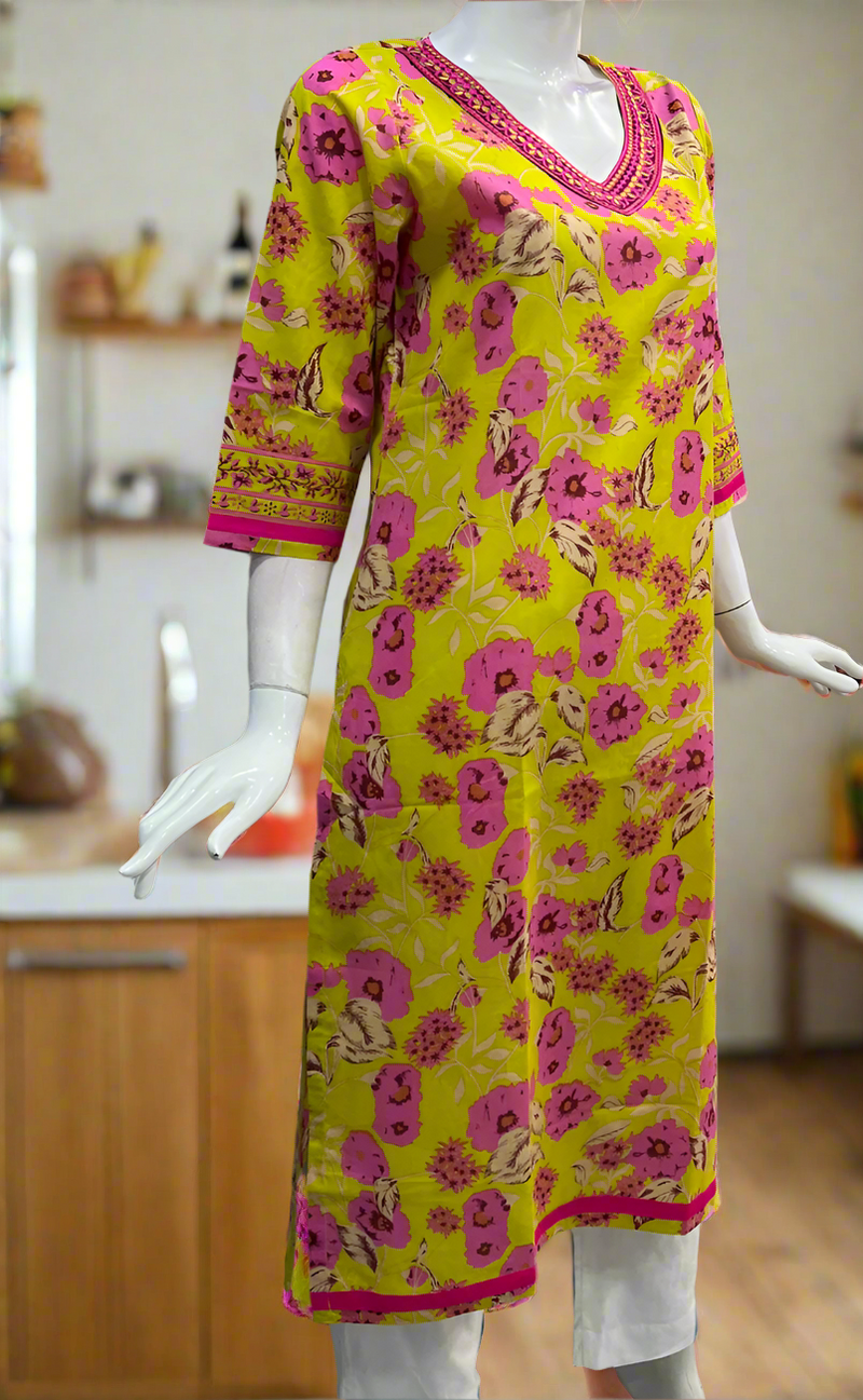 Yellow Flora Jaipuri Cotton Kurti. Pure Versatile Cotton. | Laces and Frills